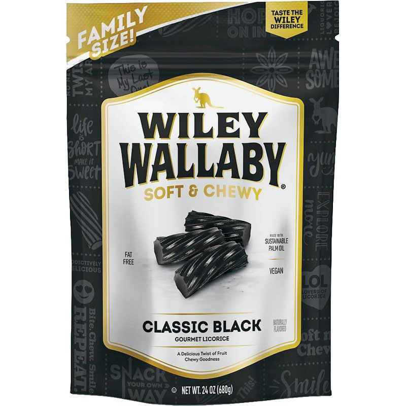 24 Oz. Wiley Wallaby Soft & Chewy Classic Black Gourmet Licorice - Gebo's