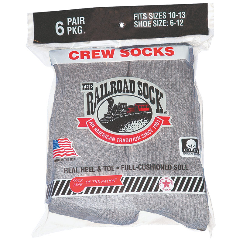 Railroad Sock ~ NEW 6-Pair Gray Socks Crew  USA ~ Sock Size 10-13 Shoe Size 6-12 