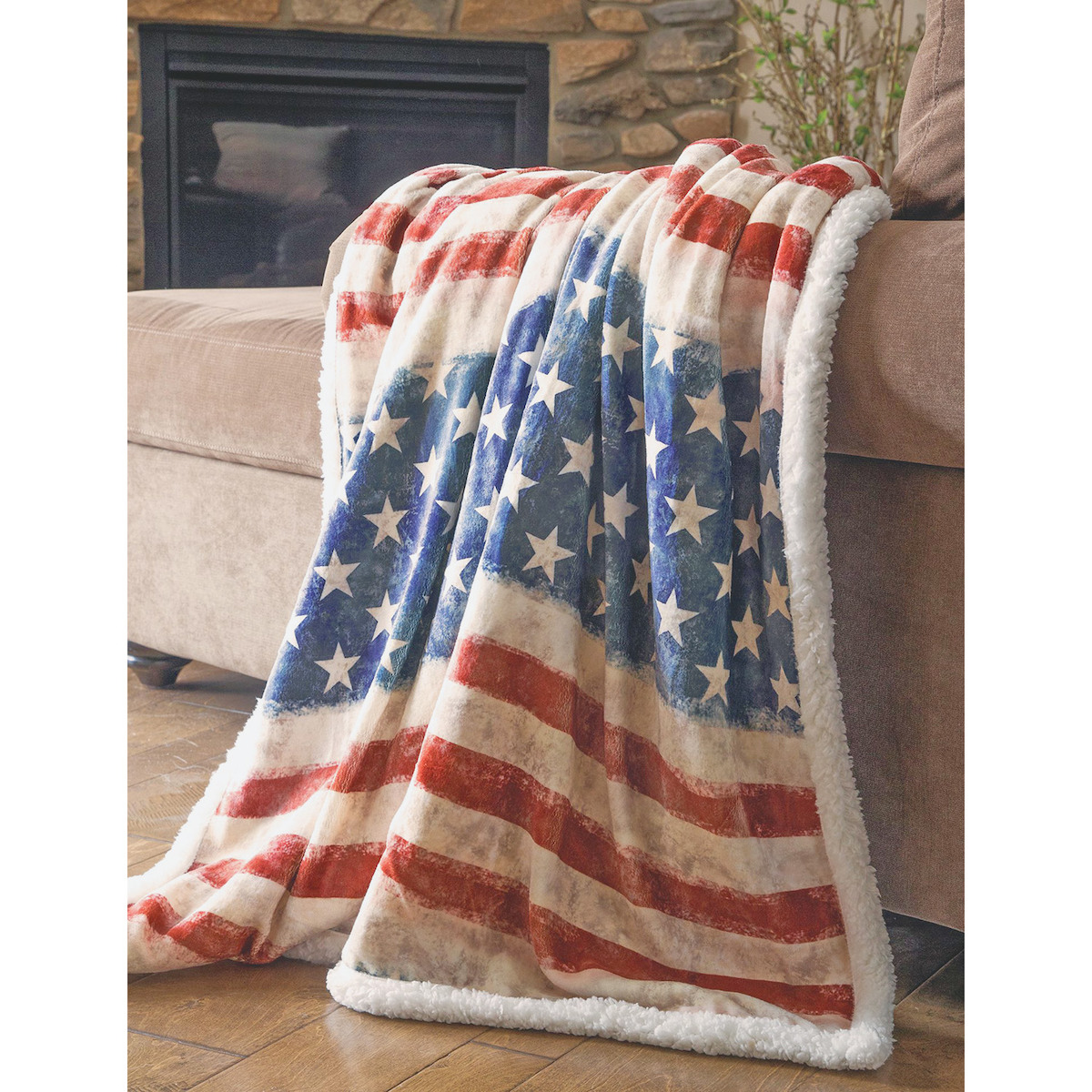 54" X 68" Wrangler Stars And Stripes USA American Flag Sherpa Fleece Throw Blanket - Gebo's